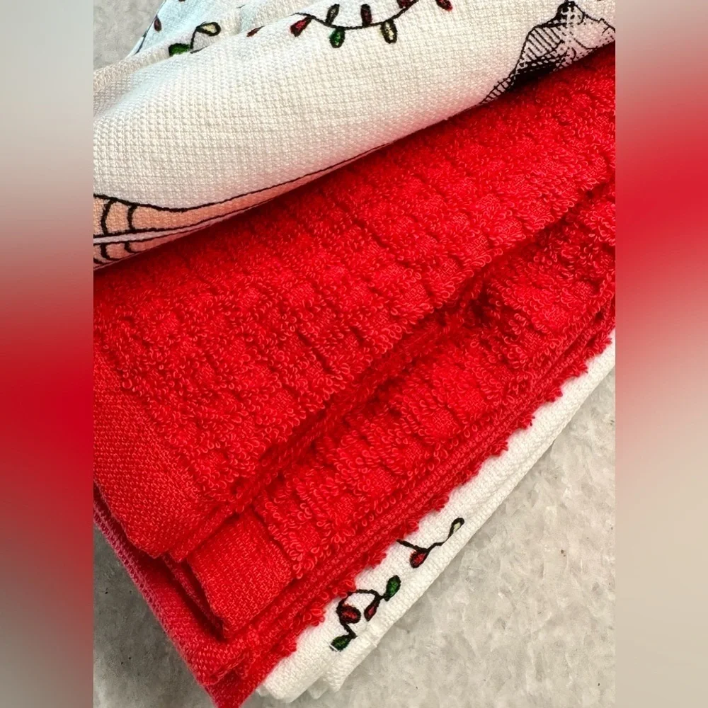 New Christmas Lady w/ Wreath & Buffalo Check Dress Kitchen Hand Towels Set of 4